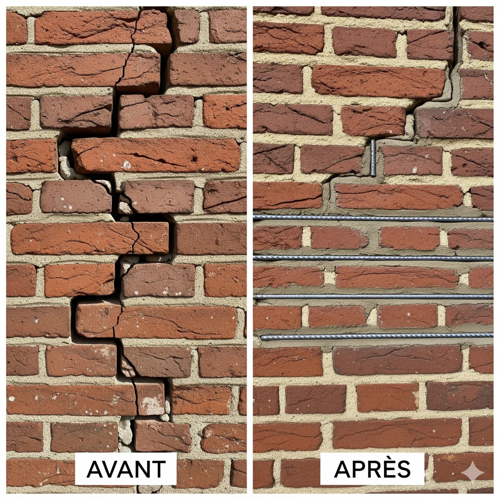 Avant et après agrafage structurel sur fissure de façade — chantier du réseau IPB à Tournefeuille