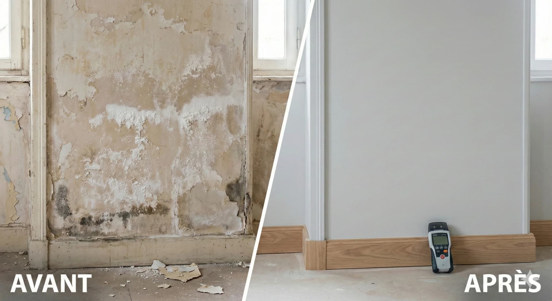 Avant et après traitement d'humidité sur mur intérieur — dossier de diagnostic du réseau IPB à Toulouse